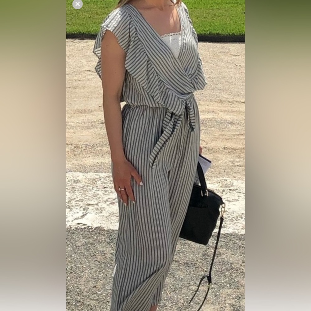 Altar'd State Black and‎ White Striped Jumpsuit with Tie Waist